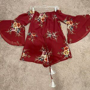 Burgundy Floral Bell Sleeve Off-Shoulder Romper with Drawstring